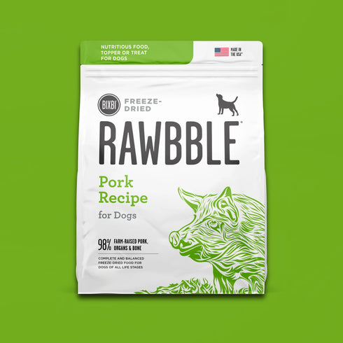 A bag of BIXBI Rawbble Freeze-Dried Pork Recipe dog food