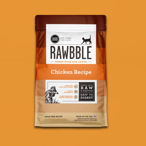 A bag of BIXBI Rawbble Raw-Coated Kibble Chicken Recipe dry cat food
