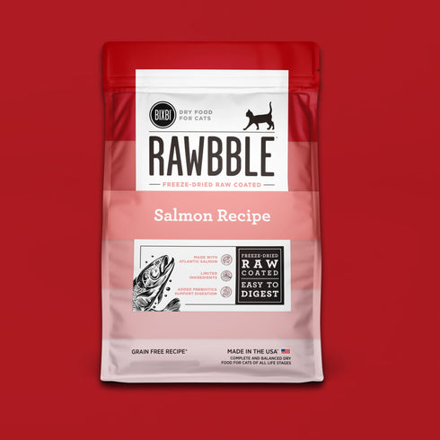 A bag of BIXBI Rawbble Raw-Coated Kibble Salmon Recipe dry cat food