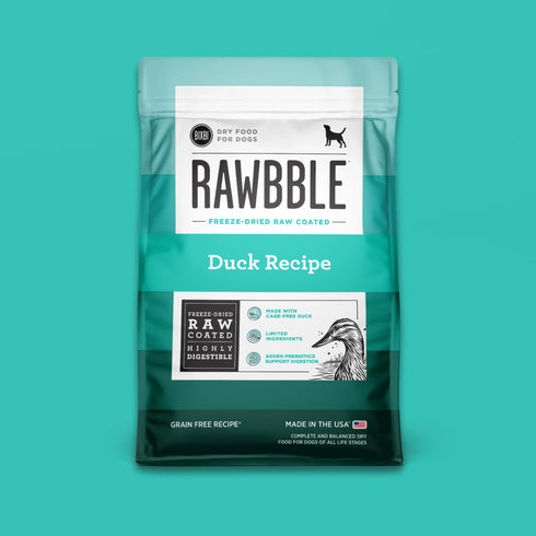 A bag of BIXBI Rawbble Raw-Coated Kibble Duck Recipe dry dog food