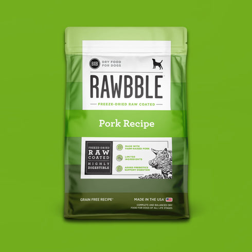 A bag of BIXBI Rawbble Raw-Coated Kibble Pork Recipe dry dog food