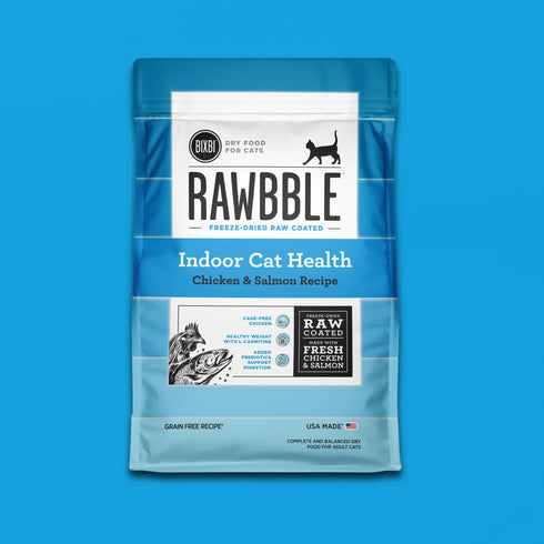 A bag of BIXBI Rawbble Raw-Coated Kibble Indoor Chicken & Salmon Recipe dry cat food