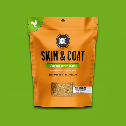 A bag of BIXBI Skin & Coat Chicken Jerky dog treats