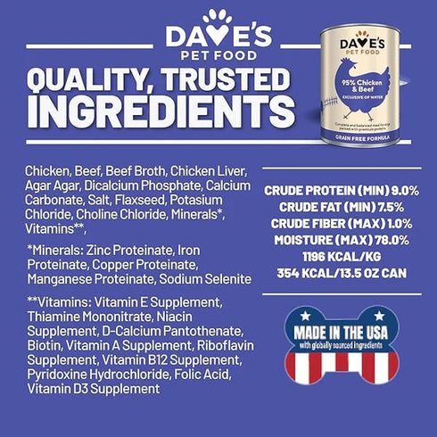Dave's Pet Food 95% Premium Wet Dog Food - Beef & Chicken - 13oz Can