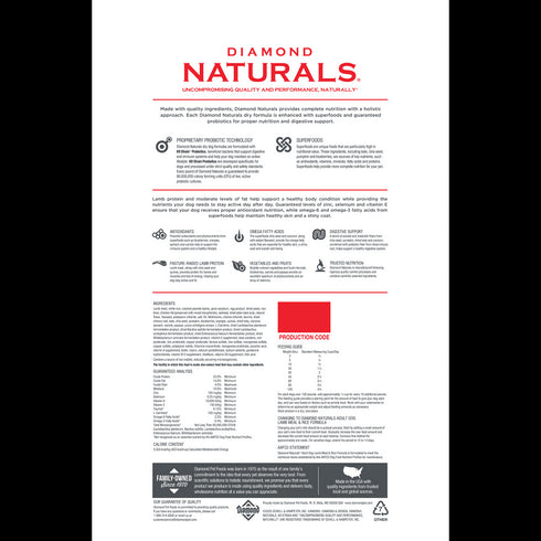 Diamond Naturals Dry Dog Food - Lamb & Rice - 40lb Bag