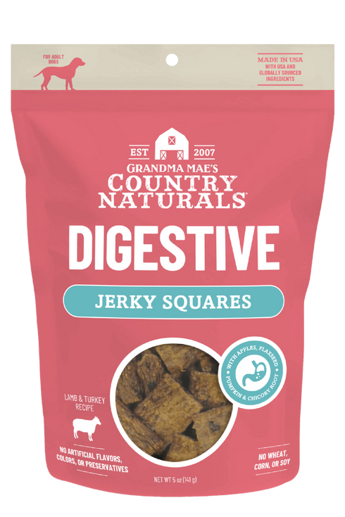 Grandma Mae's Country Naturals Jerky Squares Digestive Support Dog Treats - Lamb & Turkey - 5oz Pouch