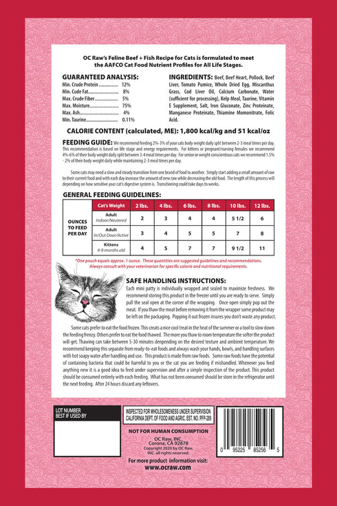 OC Raw Frozen Raw Cat Food - Beef & Fish - 2lb