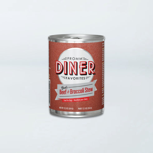A 12.5 oz can of Fromm Diner Favorites Bud's Beef & Broccoli Stew wet dog food.