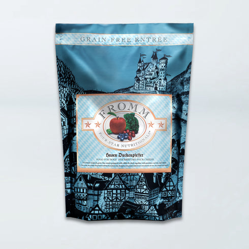 A bag of Fromm Four-Star Hasen Duckenpfeffer Recipe dry dog food.