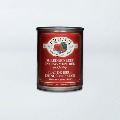 A 12 oz can of Fromm Four-Star Shredded Beef in Gravy wet dog food.
