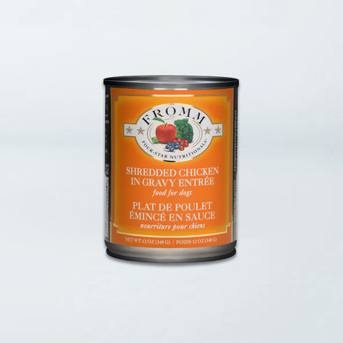 A 12 oz can of Fromm Four-Star Shredded Chicken in Gravy wet dog food.