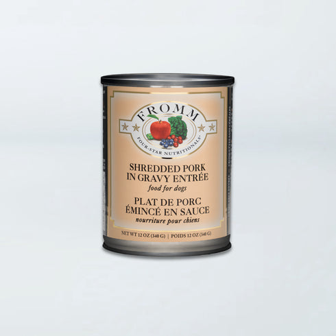 A 12 oz can of Fromm Four-Star Shredded Pork in Gravy wet dog food.