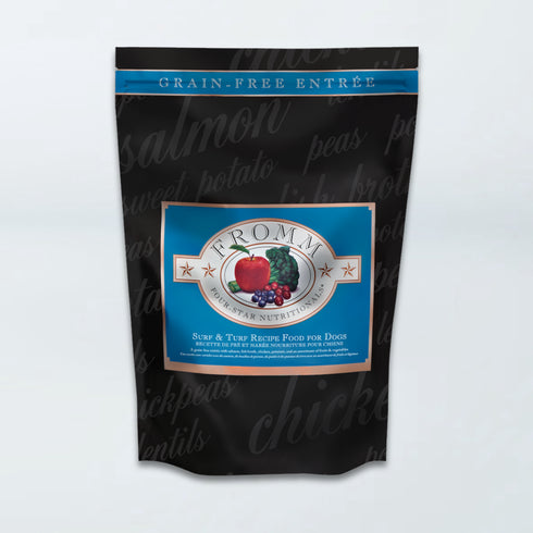 A bag of Fromm Four-Star Surf & Turf Recipe dry dog food.