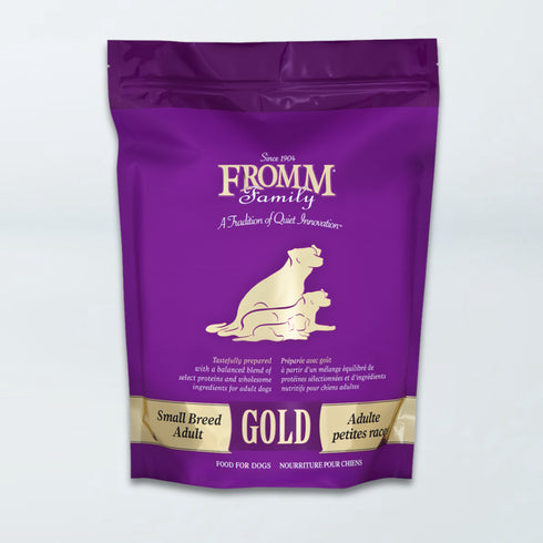 A bag of Fromm Gold Small Breed Chicken Recipe dry dog food.
