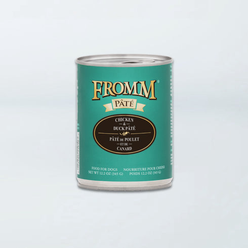A 12.2 oz can of Fromm Pâté Chicken & Duck Recipe wet dog food.