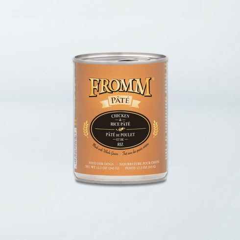 A 12.2 oz can of Fromm Pâté Chicken & Rice Recipe wet dog food.
