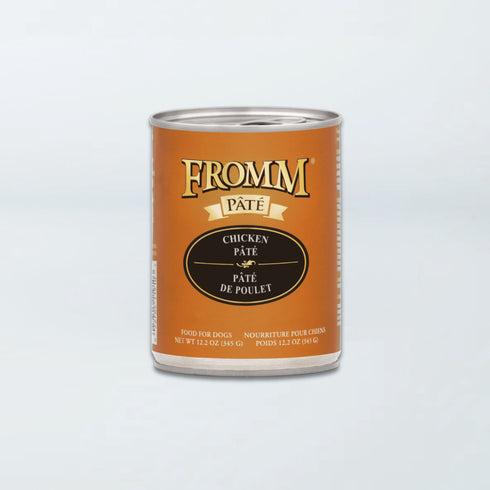 A 12.2 oz can of Fromm Pâté Chicken Recipe wet dog food.