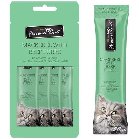 Fussie Cat Mackerel Beef Puree Lickable Cat Treats 4 Pk - Poudre Pet and Feed Supply