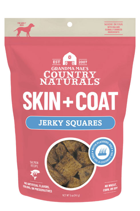 Grandma Mae's Country Naturals Jerky Squares Skin & Coat Support Dog Treats - Salmon - 5oz Pouch