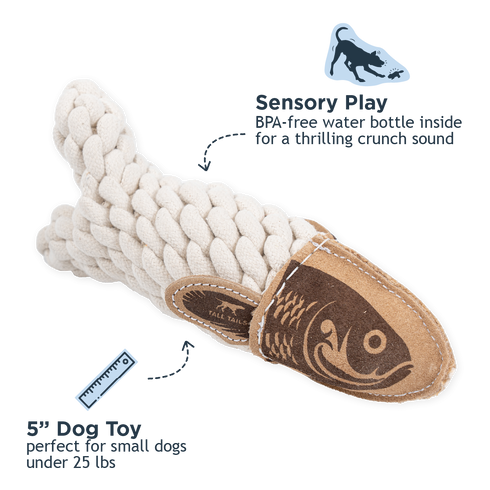 Tall Tails Natural Leather Crunch Fish Rope Dog Toy - 5"