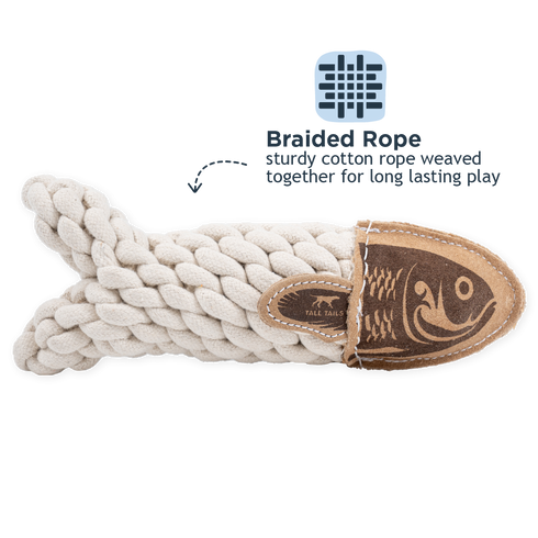 Tall Tails Natural Leather Crunch Fish Rope Dog Toy - 5"