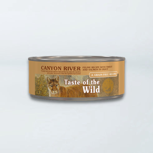 Taste of the Wild Canyon River trout and salmon in gravy wet cat food can