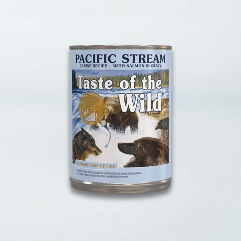 Taste of the Wild Pacific Stream salmon in gravy wet dog food can