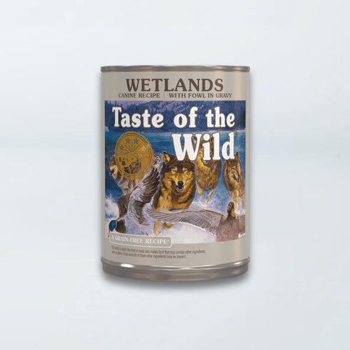 Taste of the Wild Wetlands fowl in gravy wet dog food can
