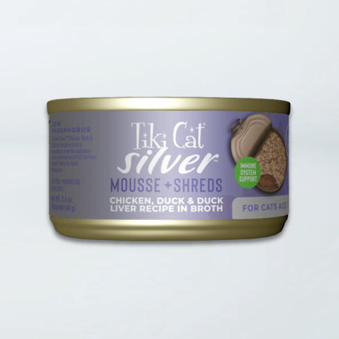 Tiki Cat Silver Mousse & Shreds Wet Cat Food - Chicken, Duck, & Duck Liver - 2.4oz Can
