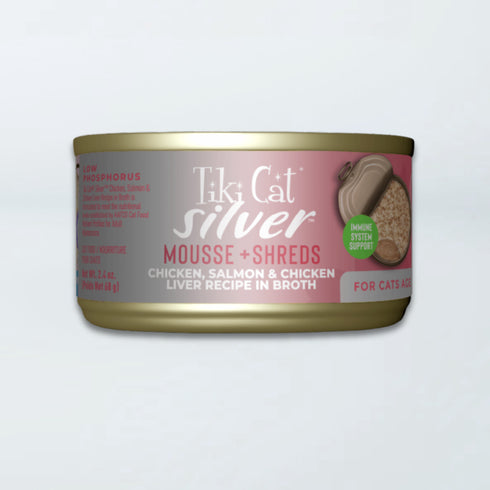 Tiki Cat Silver Mousse & Shreds Wet Cat Food - Chicken, Salmon, & Chicken Liver - 2.4oz Can
