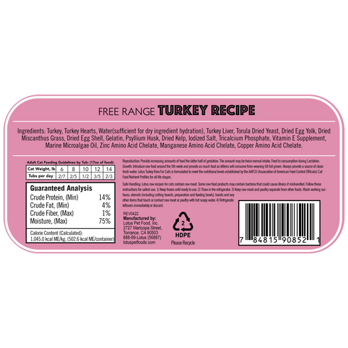 Lotus Pet Food Frozen Raw Cat Food - Turkey - 3.5oz Tub