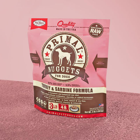 Primal Raw Frozen Nuggets Turkey & Sardine Formula Dog Food 3lb - Poudre Pet and Feed Supply