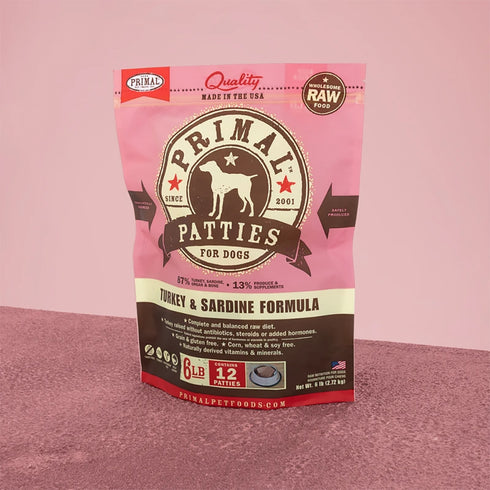 Primal Raw Frozen Patties Turkey & Sardine Formula Dog Food 6lb - Poudre Pet and Feed Supply