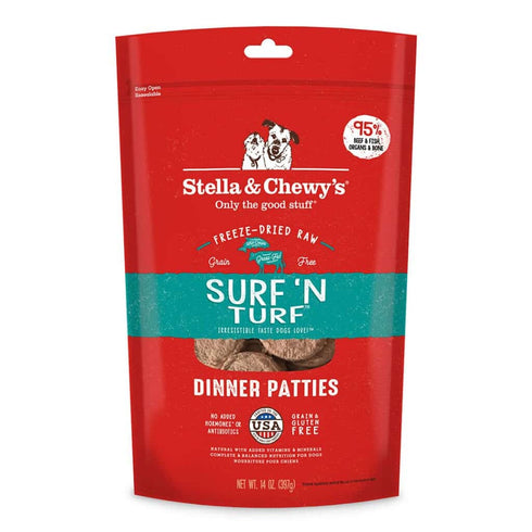 Stella and Chewys Surf 'N Turf Freeze-Dried Raw Dinner Patties Dog Food 14oz - Poudre Pet and Feed Supply