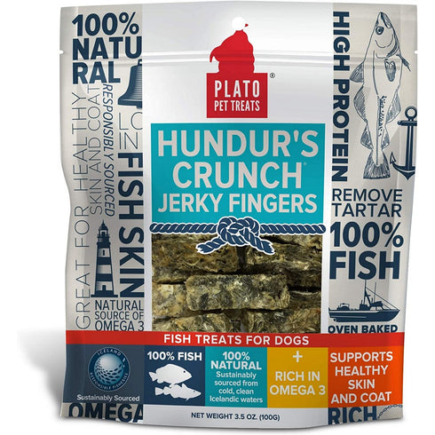 Plato Hundur's Crunch Single Ingredient Cod Skin Dog Treats Fingers, Natural 3,5oz - Poudre Pet and Feed Supply