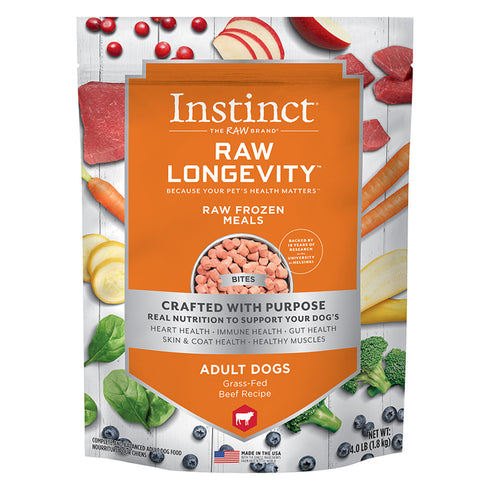 Instinct Nature's Raw Longevity Frozen Bites Grass-Fed Beef Dog Food 4lb - Poudre Pet and Feed Supply