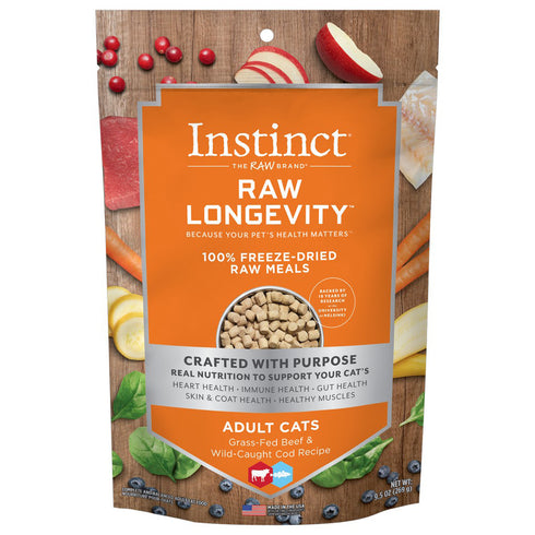 Instinct Raw Longevity 100% Freeze-Dried Raw Meals Grass-Fed Beef & Wild-Caught Cod Cat Food 9.5oz - Poudre Pet and Feed Supply